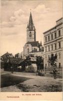 1913 Nagyszeben, Hermannstadt, Sibiu; Ev. Kirche und Schule. Verl. d. Buchh. G. A. Seraphin. Lichtdruck von Jos. Drotleff / Evangélikus templom és iskola