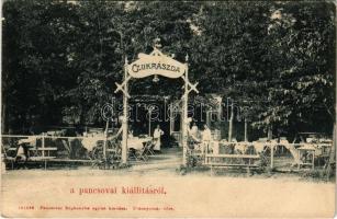 Pancsova, Pancevo; Kiállítás, cukrászda, kert pincérekkel. Pancsovai Népkonyha Egylet kiadása / Exhibition, confectionery, garden with waiters (fa)