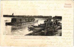 Gombos, Bogojeva, Bogojevo; Gőzkomp Gombos és Erdőd között a szabad Dunán, gőzmozdony, vonat. Schön Adolf kiadása / steam ferry with locomotive between Bogojevo and Erdut, train (r)