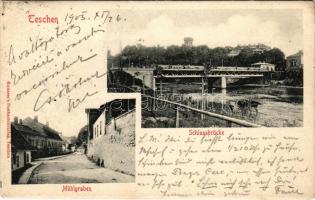1903 Cieszyn, Teschen; Mühlgraben, Schlossbrücke. Hutterer's Postkartenverlag / mill street, castle bridge (EK)