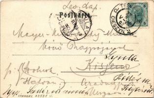 1903 Cieszyn, Teschen; Mühlgraben, Schlossbrücke. Hutterer's Postkartenverlag / mill street, ca...