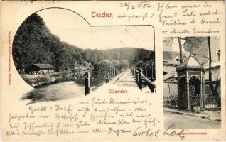 1902 Cieszyn, Teschen; Olsawehre, Dreibrüderbrunnen. Hutterer's Postkartenverlag / street view, fountain (EK)