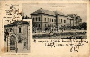 1904 Nagybecskerek, Zrenjanin, Veliki Beckerek; Polgári iskola, Nepomuki Szent János szobra. Oldal felvétele és kiadása / school, monument (kis szakadás / small tear)