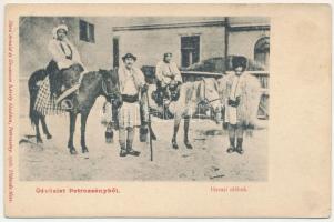 1906 Petrozsény, Petrosani; havasi oláhok szamárháton. Herz Arnold és Grausam Károly kiadása / Romanian folklore, donkeys (EB)