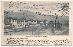 1906 Petrozsény, Petrosani; Pályaudvar, vasútállomás, fűtőház, szénbánya. Grausam Károly kiadása / railway station, coal mine + "PETROZSÉNY - PISKI" vasúti mozgóposta bélyegző (EB)