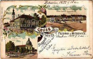 1900 Szávaszentdemeter, Mitrovice, Mitrovitz an der Save, Sremska Mitrovica; Serbische Schule, Graf Khuen Hedervary Platz / Szerb iskola, Gróf Khuen-Héderváry tér, Szerb ház. Szecessziós-virágos litho / Serbian school, square, shops, Serbian National House. Art Nouveau, floral, litho (fl)