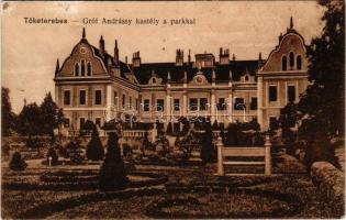 Tőketerebes, Trebisov; Gróf Andrássy kastély a parkkal. Vasúti levelezőlapárusítás 7410. / castle, park (felületi sérülés / surface damage)