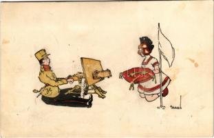 1926 Humoros magyar katonai művészlap. Kiadja a Ludovika Akadémia Levente-köre / Hungarian military art postcard, humour s: Szabó (lyuk / pinhole)