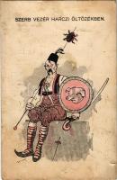 1915 Szerb vezér harczi öltözékben / WWI Hungarian military mocking propaganda, Serbian folklore s: Bernáth (b)