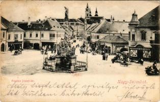 1905 Nagyszombat, Tyrnau, Trnava; Ferenc József tér, Szentháromság szobor, piac, üzletek / square, Holy Trinity statue, market, shops (fl)