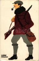 Pipázó vadász művészlap. Diana sósborszesz reklám a hátoldalon / Pipe smoking hunter. Hungarian art postcard, sport, creme advertising on the backside s: Győri Aranka (fl)