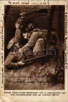 1928 Börcsök Sándor csendőr törzsőrmester 1917. év május havában éjjel orosz drótakadályoknál elfog egy ellenséges figyelőt. Kiadja a Csendőrségi emlék-alap / WWI Hungarian military art postcard, capturing a Russian enemy (EB)