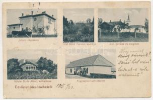 1915 Mezőméhes, Mihesu de Campie (Maros); Sófalvi Illyés Albert udvarháza, állami népiskola, gróf Béldi Ferenc kastélya, református paplak és templom, Fogyasztási szövetkezet üzlete és saját kiadása, Lang Henrik fényképészeti műintézete / villa, school, Calvinist vicarage and church, cooperative shop (tűnyomok / pinmarks)