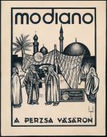 Sugár János (?-?, működött a XX. sz. első felében): "Modiano. A perzsa vásáron", reklám terv, papír, tus, jelzett, 26x10 cm