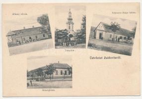 Zsidovin, Berzovia; Állami iskola, templom, Schvarcz Zsiga üzlete, Községháza. Dajkovits J. utóda kiadása / school, church, shop, town hall (EK)