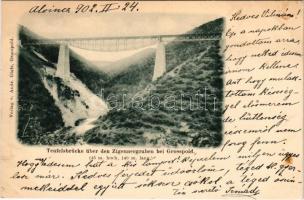 1902 Nagyapold, Grosspold, Apoldu Mare, Apoldu de Sus; Ördög vasúti híd a Cigány-árok felett, gőzmozdony, vonat. Andr. Glatz kiadása / Teufelsbrücke über den Zigeunergraben / railway bridge, viaduct, locomotive, train