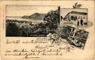 1904 Nagymaros, látkép, Zoller József üzlete, csemege osztály az udvarban. Zoller József saját kiadása, szecessziós-virágos keret (fl)