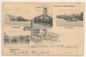 1909 Királykegye, Königsgnade, Tirol, Chiroi; Hauptplatz, Kirche, Hauptgasse, Gemeindehaus / Fő tér, templom, Fő utca, Községháza. J. Dajkovits utóda kiadása / main square, church, main street, town hall. Art Nouveau, floral (EM)