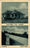 1938 Alsódabas (Dabas), Ujvári Mátyás "Start" vendéglője, étterem, automobilok, betonút részlet a 43-as kilométerkőnél (kopott sarok / worn corner)