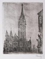 Élesdy István (1912-1987): Mátyás-templom, Budai vár. Rézkarc, papír, jelzett. Lapszéli apró szakadással. 19,5x15 cm