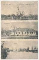 1916 Nagybodófalva, Bodófalva, Bodo; Református templom, községháza, vízesés. Kugel Károly fényképész felvétele / Calvinist church, town hall, waterfall (felületi sérülések / surface damages)