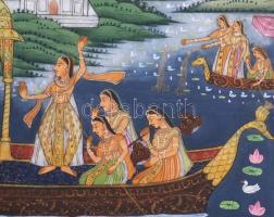 Indiai kézzel festett kőtábla, a selyemképekre hasonlító udvari jelenet témával. Sarka ragasztott. 1...