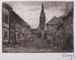 Élesdy István (1912-1987): Régi budai utca (háttérben a Mátyás-templom). Rézkarc, papír, jelzett. Lapszéli apró szakadással. 13,5x19 cm