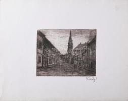 Élesdy István (1912-1987): Régi budai utca (háttérben a Mátyás-templom). Rézkarc, papír, jelzett. La...