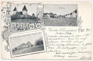 1903 Morgonda, Mergeln, Merghindeal; Evangélikus templom és iskola, Fő utca, jegyzőlak, községi iroda / Lutheran church and school, main street, notary. Art Nouveau, floral (EM)