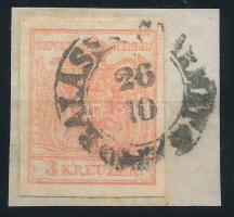 1850 3kr MP III szép szélekkel, leáztatott bélyeg bélyegragasztóval visszaragasztva "BALASSA GYARMAT"