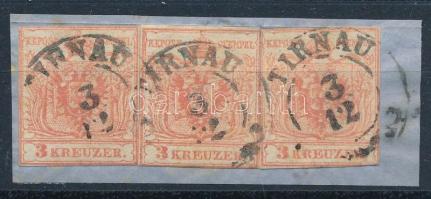 1850 3 x 3kr MP III mindhárom bélyeg lilliputi vágással kivágáson, így nagyon ritka "TIRNAU"