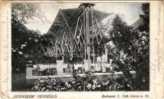 1927 Budapest XII. Kissvábhegy, Istenszem vendéglő, étterem kerthelyisége pincérekkel. Tóth Lőrinc utca 10. (kopott sarkak / worn corners)