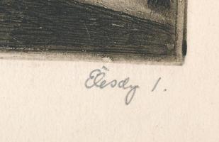 Élesdy István (1912-1987): Budavári utca járókelőkkel. Rézkarc, papír, jelzett. 14,5x19,5 cm