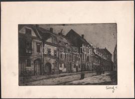 Élesdy István (1912-1987): Budai utca járókelőkkel. Rézkarc, papír, jelzett. 18,5x29,5 cm