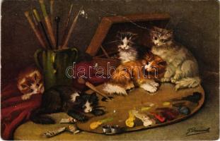 Macskák festőecsetekkel és palettával. No. 120. / cats with paintbrushes and palette s: Decauville (felületi sérülés / surface damage)