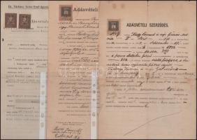 cca 1900-1940 Vegyes okmánybélyeg tétel, 9 okmány: 30 f. (1+2 db), , 20 f., 1 K (3 db), 80 f (2 db),...