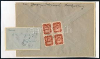 1946 (20. díjszabás) Levél 5.000MP négyestömbbel bérmentesítve, látványosan elcsúszott értékszámokkal, "SOROKPOLÁNY" postaügynökségi bélyegzéssel