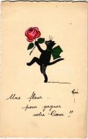 Black cat with rose. French art postcard (vágott / cut)