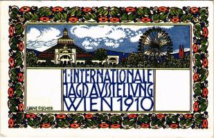 1910 I. Internationale Jagdausstellung Wien. Offizielle Postkarte. Prater / Első bécsi nemzetközi vadászati kiállítás reklámlapja / 1st International Hunting Expo in Vienna. Art Nouveau advertisement postcard s: Liane Fischer (EB)