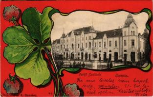 1902 Szentes, Petőfi szálloda. Untermüller E. kiadása, szecessziós litho keret lóherével / Art Nouveau, litho frame with clover (EK)