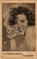 1934 A Vörös Bestia, Vígszínház, színházi plakát képeslap. A főszereplő Gaál Franciska (1904-1973) saját kezű levelével és aláírásával / Hungarian theatre play advertisement postcard, with the letter of the leading actress (EK)  A képeslapot 1934. március 1-jén adták postára, feladója a kor ünnepelt színésznője, Gaál Franciska, aki két nappal később lépett színpadra A Vörös Bestia (írta: Vaszary János) premierjén a Vígszínházban. A darabot a lapok szerint hangos siker fogadta, Gaál mellett az egyik főszereplő Jávor Pál volt. Gaál Franciska 1945 után egyre kevesebb szerepet kapott, 1947-ben Amerikába költözött, ahol elfeledve hunyt el 1972-ben. A képeslap címzettje Losonczy Gusztáv, a kávés ipartestület ügyvezető igazgatója.  //  The postcard was posted on March 1, 1934, and was sent by the celebrated actress of the time, Franciska Gaál, who two days later took to the stage at the premiere of A Vörös Bestia (written by János Vaszary) at the Vígszínház. According to the newspapers, the play was a resounding success, and one of the main characters, besides Gaál, was Pál Jávor. After 1945, Franciska Gaál received fewer and fewer roles, and in 1947 she moved to America, where she died forgotten in 1972. The recipient of the postcard was Gusztáv Losonczy, the executive director of the coffee industry association.
