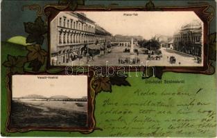 1903 Szolnok, Piactér, üzletek, vasúti vashíd. Bakos István kiadása, szecessziós litho keret / Art Nouveau, litho frame (fl)