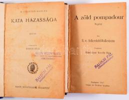 H. Courts Mahler: Kata házassága. Regény. Ford.: Boros Béla. Bp.,én.,Dante, 203+5 p. Átkötött félvászon-kötés, névbélyegzésekkel, kopott borítóval, kissé foltos lapokkal. + E. v. Adlersfeld-Ballestrem: A zöld pompadour. Regény. Ford.: Kémédyné Novelly Riza. Bp., 1917, Singer és Wolfner, 111 p. Átkötött félvászon-kötés, kopott borítóval.