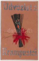 1915 Üdvözlet a Krampustól. Egyedi, kézzel készült, ragasztott művészlap kapcsos virgáccsal / Krampus hand-made art postcard + "K.u.k. Militärzensur sitz der Kommission" (fl)