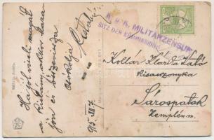 1915 Üdvözlet a Krampustól. Egyedi, kézzel készült, ragasztott művészlap kapcsos virgáccsal / Krampu...