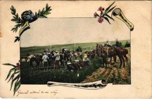 1906 Osztrák-magyar lovasság gyakorlata / K.u.k. military, cavalry field practice. Fec. Ch. Scolik Wien. B.K.W.I. 828/13. Art Nouveau, floral (fl)