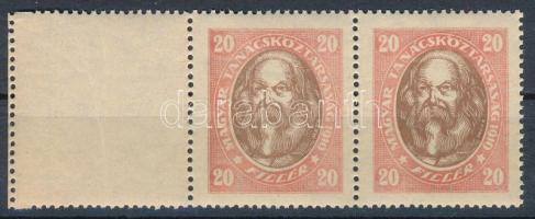 1919 Magyar Tanácsköztársasági arcképek 20f pár bal oldali üres mezővel, álló vízjellel (56.000)