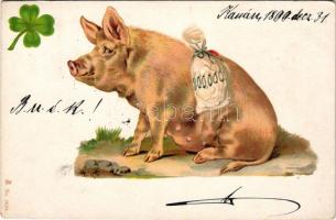 1899 Boldog Újévet! Üdvözlőlap malaccal, lóherével és pénzes zsákkal. No. 6624. / New Year greeting art postcard with pig, clover and money bag (EK)