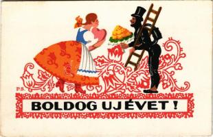 Boldog Újévet, üdvözlőlap népművészeti motívumokkal. Rigler r.t. / Hungarian New Year greeting art postcard s: P.S. (fl)