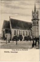 Beszterce, Bistritz, Bistrita; Evang. Kirche am Markplatz / Evangélikus templom, piac. C. W. Schell kiadása / Lutheran church, market square (EK)